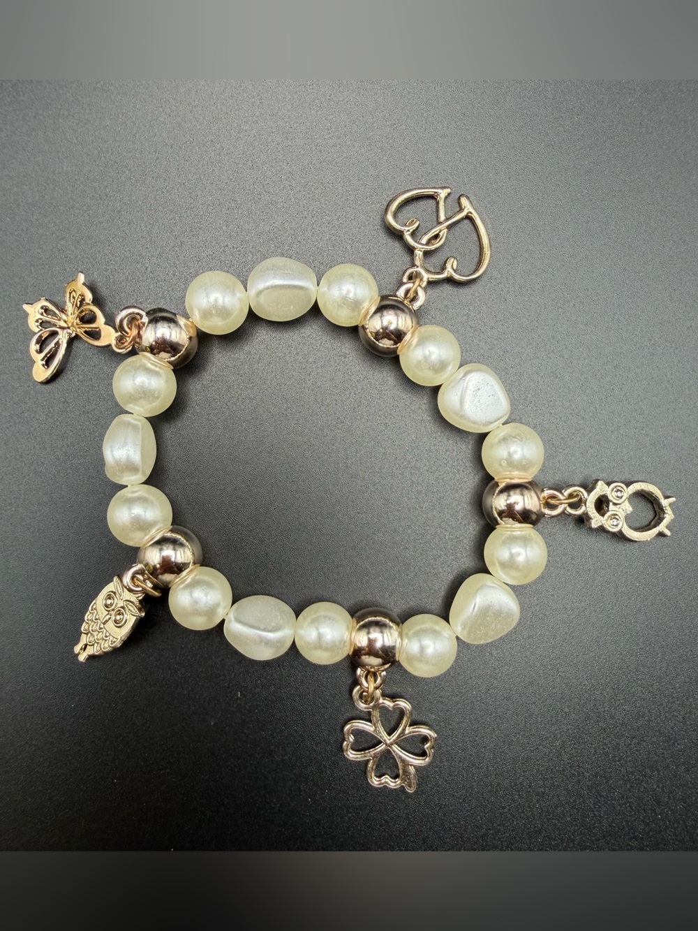 Gold Charm Pearl Bracelet: Butterfly, Heart, Owl, & Four Leaf Clover Jewelry